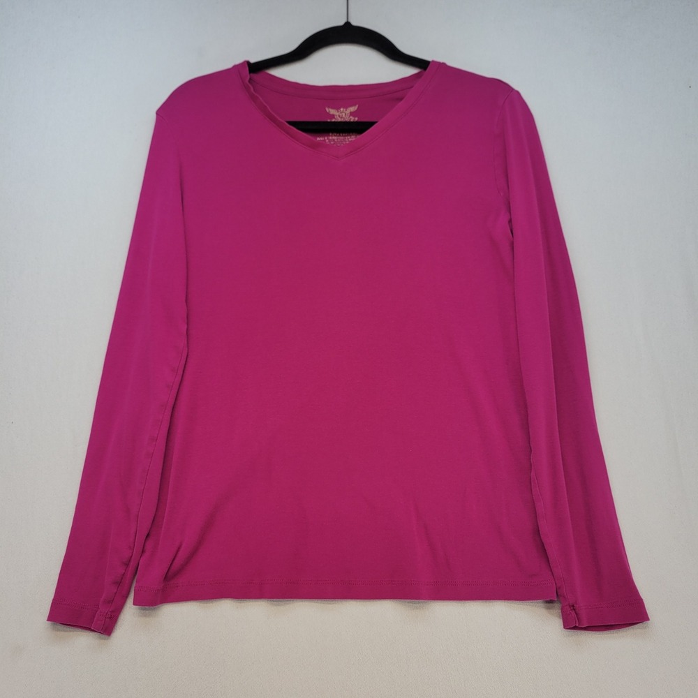 Faded Glory T-Shirt Womens L 12-14 Pink V-Neck Long Sleeve Cotton Blend Stretch